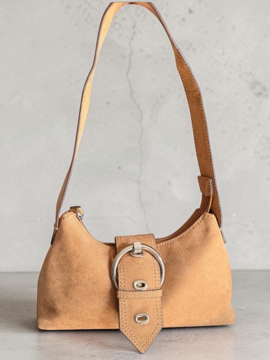 Handbags - Suede Shoulder Bag in Tan with Buckle Detail